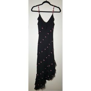 Y2K ICE 100% Silk Black Floral Beaded Asymmetrical Ruffle Dress – Size 8